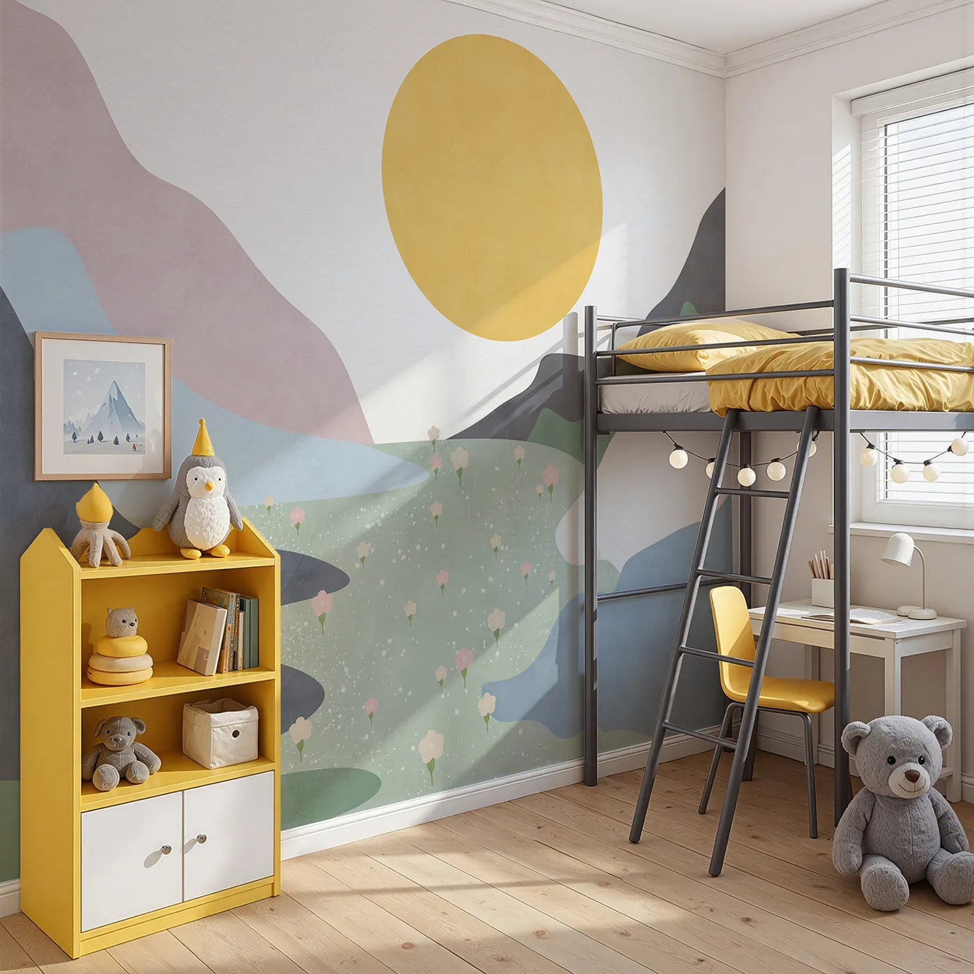 Angled view of Whimsy Tots' Abstract Sun and Meadow Wall Mural (Turn Their Room into a Minimalist, Painted Landscape).Gender-Neutral