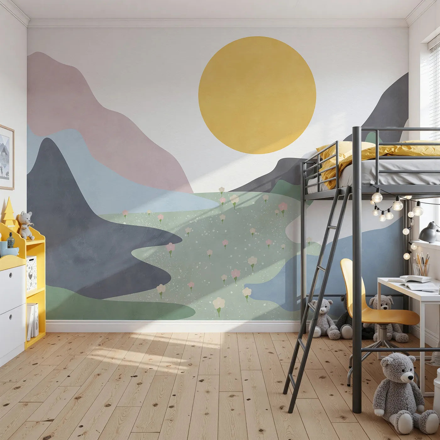 Front view of Whimsy Tots' Abstract Sun and Meadow Wall Mural