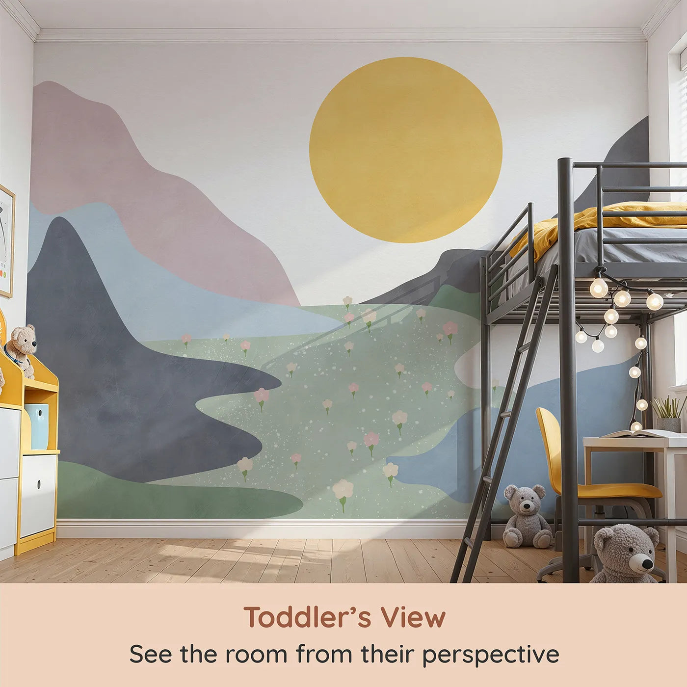 Whimsy Tots Abstract Sun and Meadow Wall Mural (Turn Their Room into a Minimalist, Painted Landscape) from your child's view.Gender-Neutral