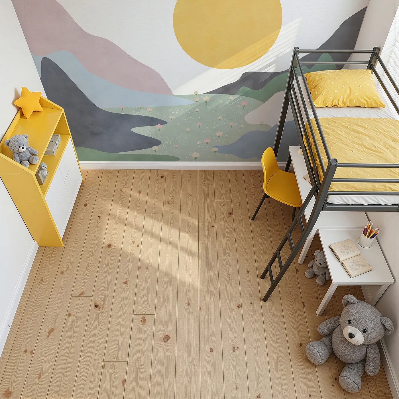 Top-down view of Whimsy Tots' Abstract Sun and Meadow Wall Mural (Turn Their Room into a Minimalist, Painted Landscape).Gender-Neutral