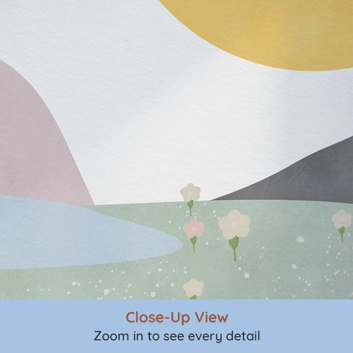 Close-up view of Whimsy Tots' Abstract Sun and Meadow Wall Mural (Turn Their Room into a Minimalist, Painted Landscape).Gender-Neutral
