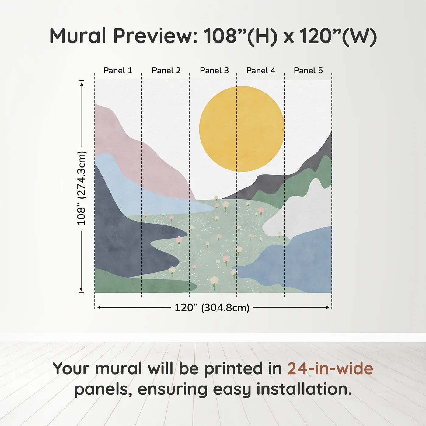Whimsy Tots Abstract Sun and Meadow Wall Muraldimension view (108" H x 120" W). Printed in five 24-inch-wide panels. Gender-Neutral