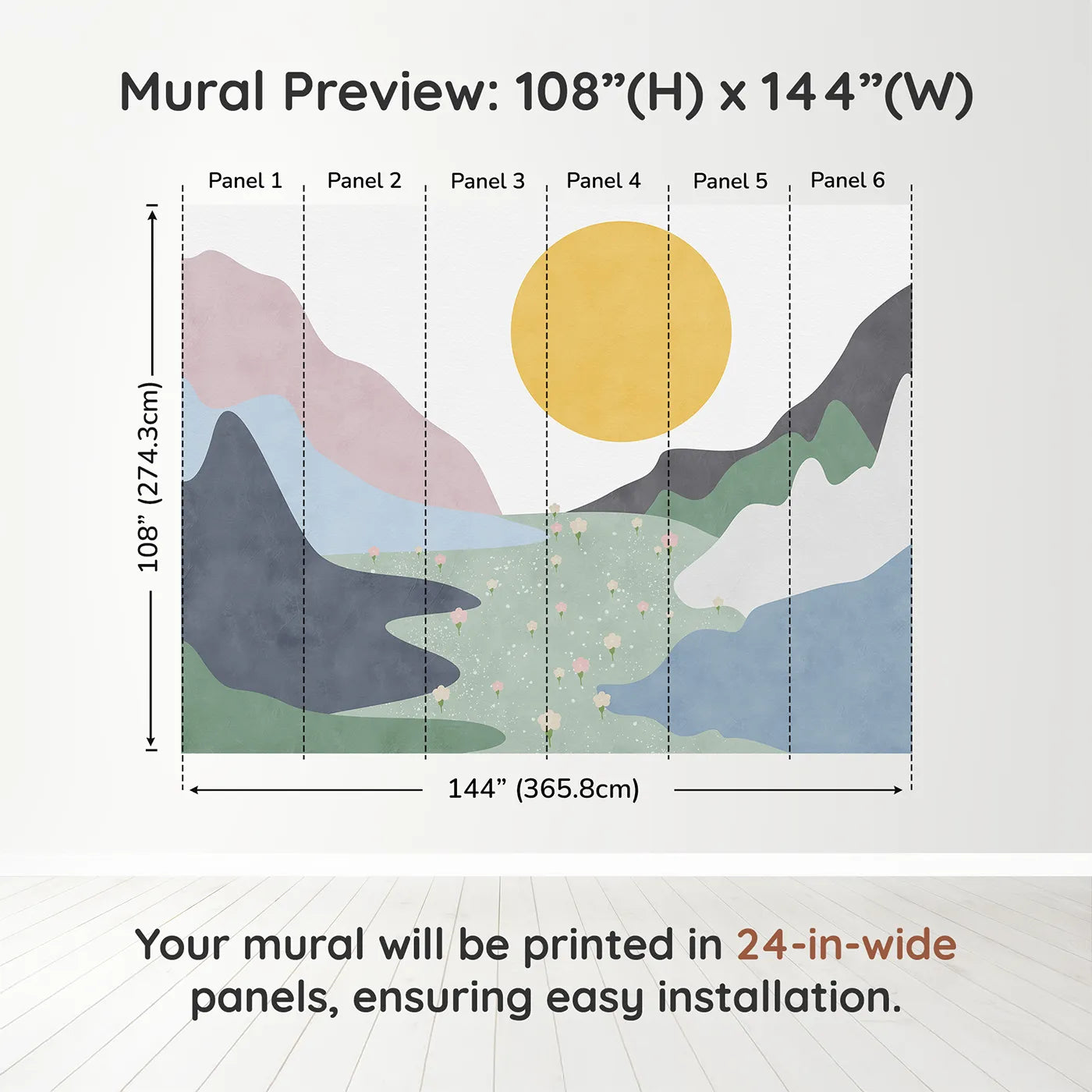Whimsy Tots Abstract Sun and Meadow Wall Muraldimension view (108" H x 144" W). Printed in six 24-inch-wide panels. Gender-Neutral
