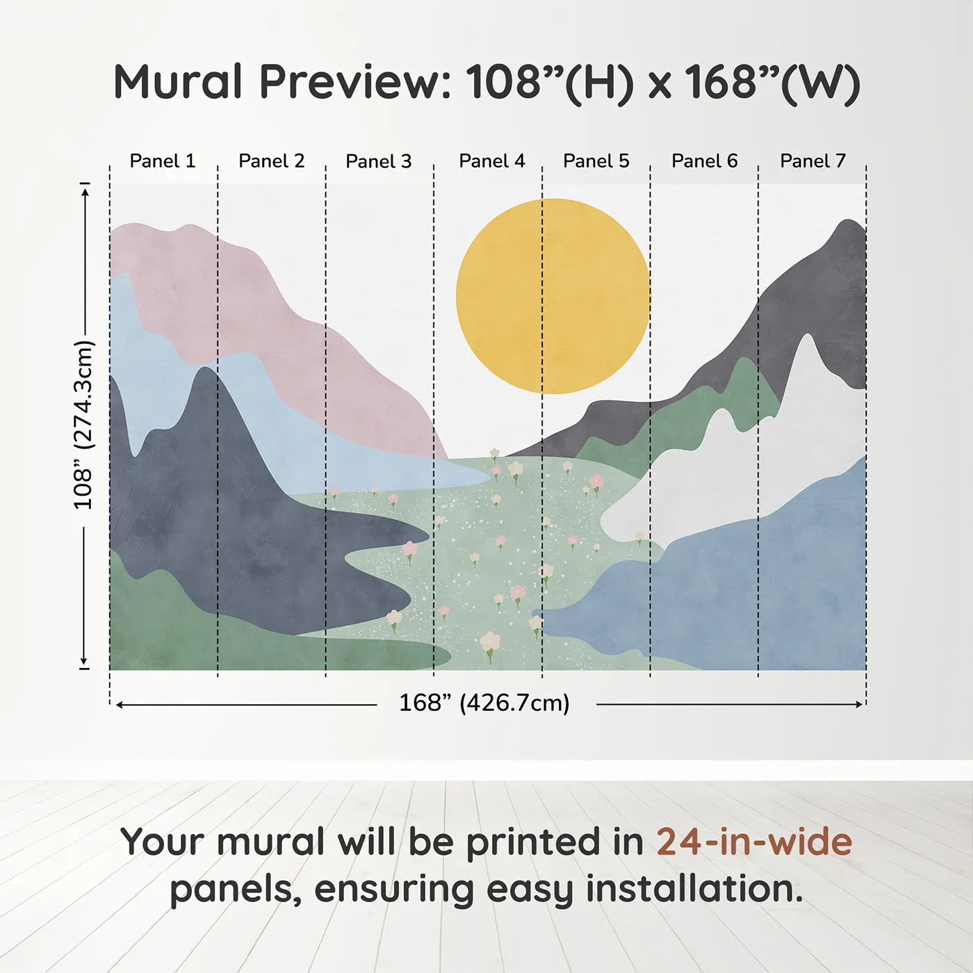 Whimsy Tots Abstract Sun and Meadow Wall Muraldimension view (108" H x 168" W). Printed in seven 24-inch-wide panels. Gender-Neutral
