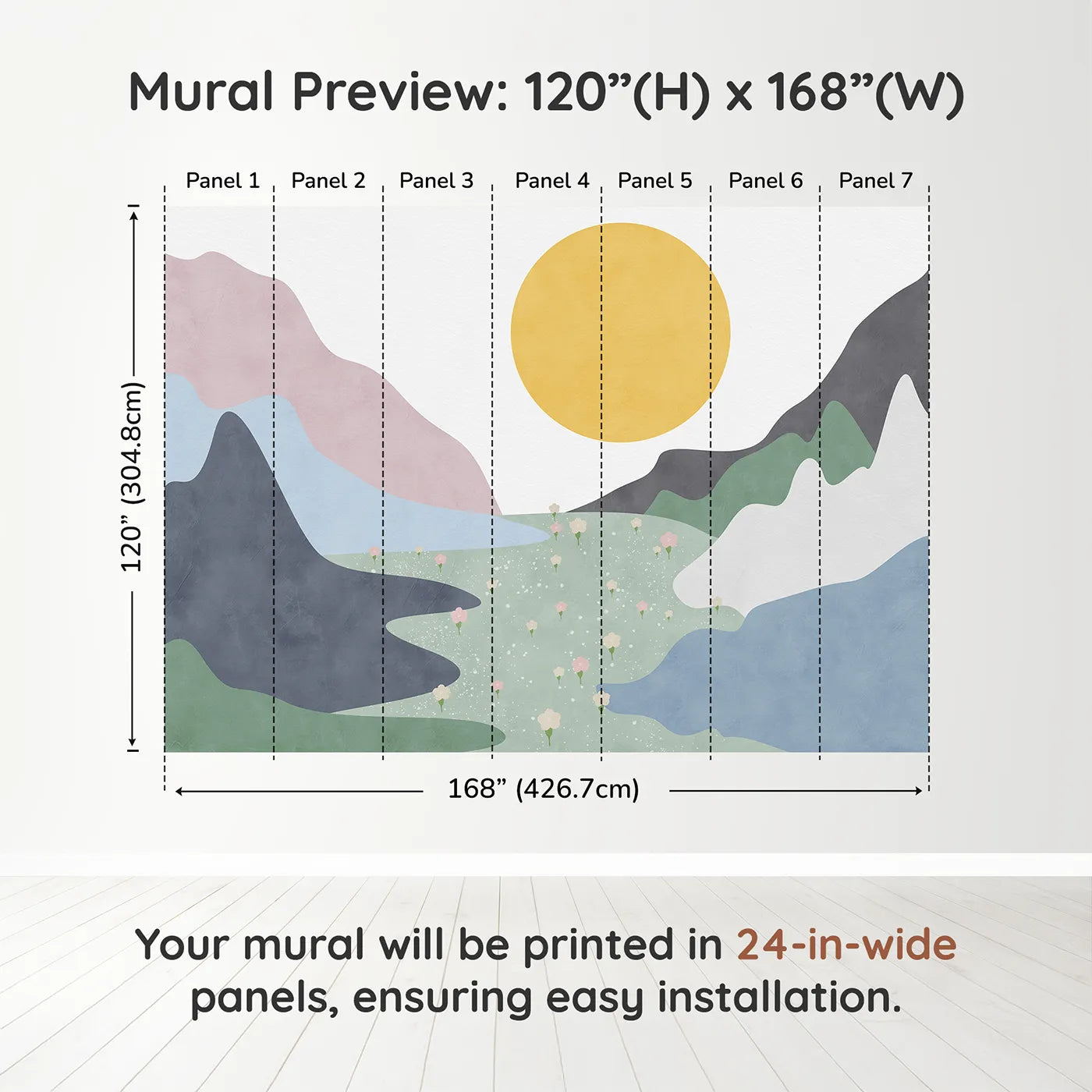 Whimsy Tots Abstract Sun and Meadow Wall Muraldimension view (120" H x 168" W). Printed in seven 24-inch-wide panels. Gender-Neutral