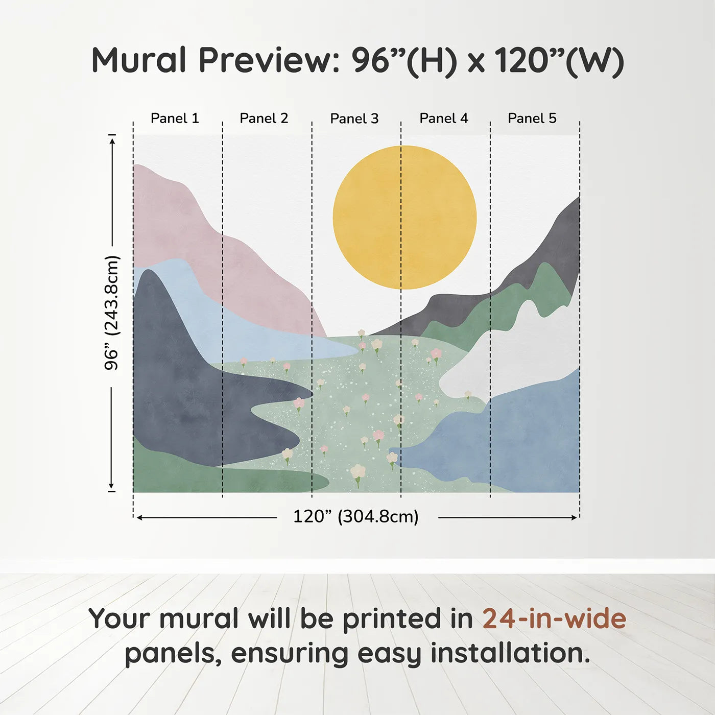 Whimsy Tots Abstract Sun and Meadow Wall Muraldimension view (96" H x 120" W). Printed in five 24-inch-wide panels. Gender-Neutral