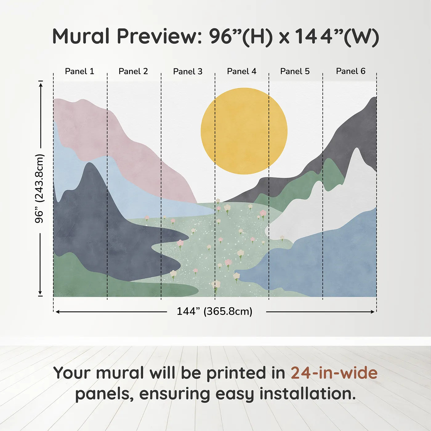 Whimsy Tots Abstract Sun and Meadow Wall Muraldimension view (96" H x 144" W). Printed in six 24-inch-wide panels. Gender-Neutral