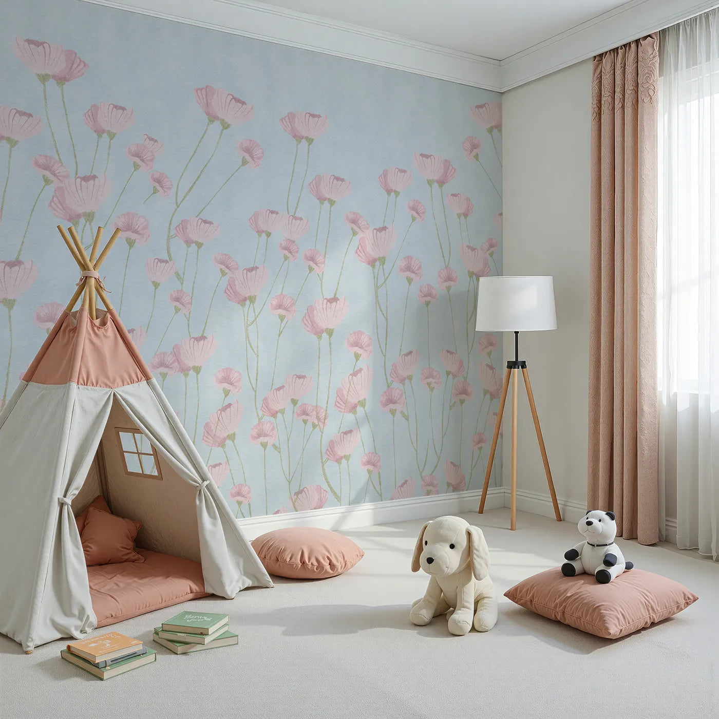 Angled view of Whimsy Tots' Pink Wildflower Field Wall Mural (Turn Their Room into a Field of Gentle, Painted Flowers).Best for Girls