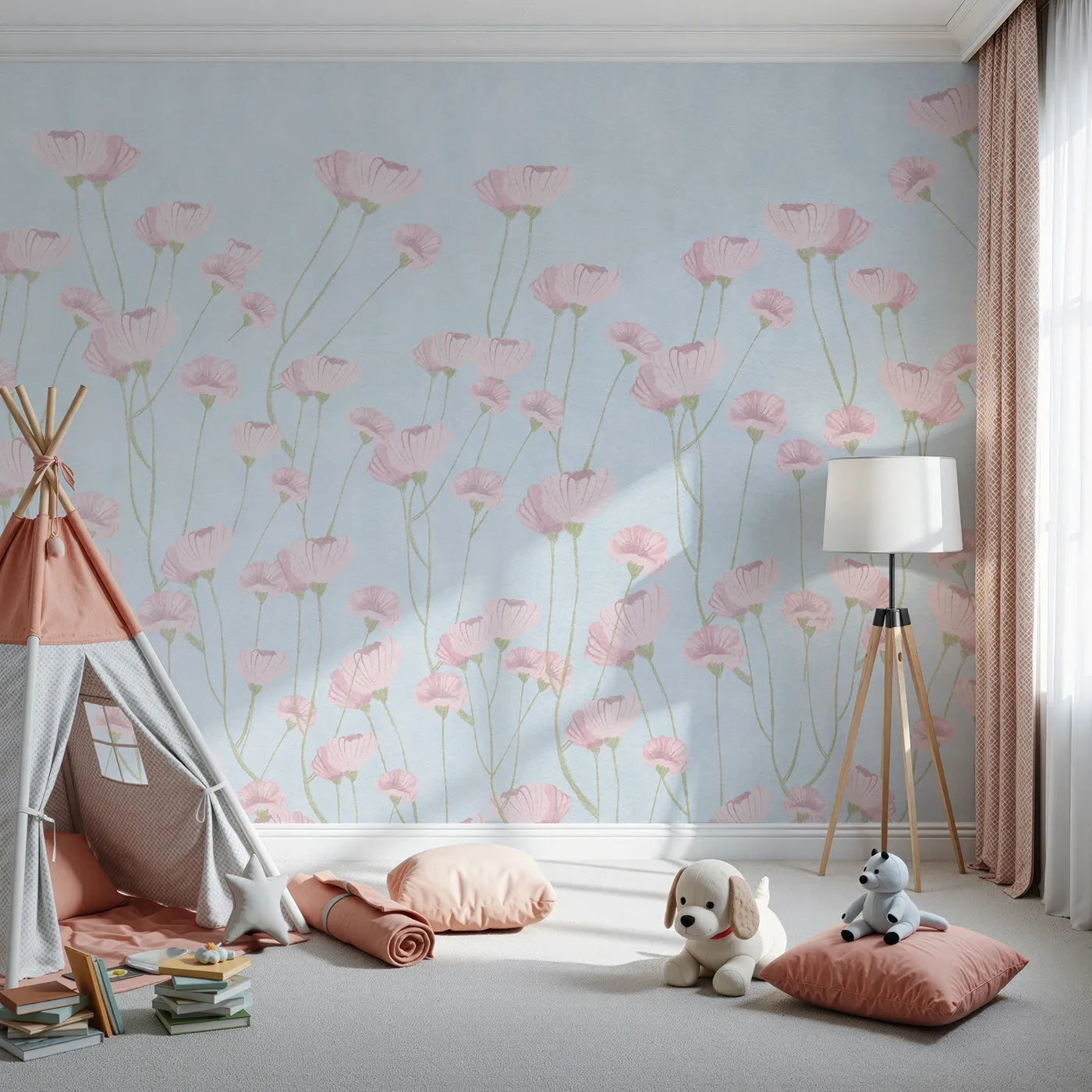 Front view of Whimsy Tots' Pink Wildflower Field Wall Mural