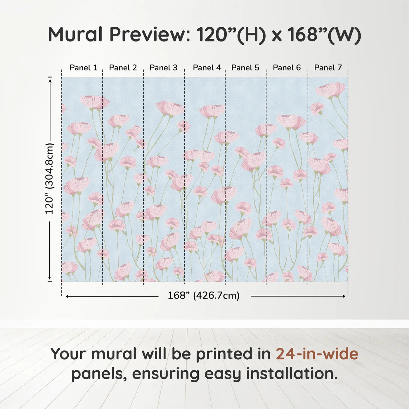 Whimsy Tots Pink Wildflower Field Wall Muraldimension view (120" H x 168" W). Printed in seven 24-inch-wide panels. Best for Girls