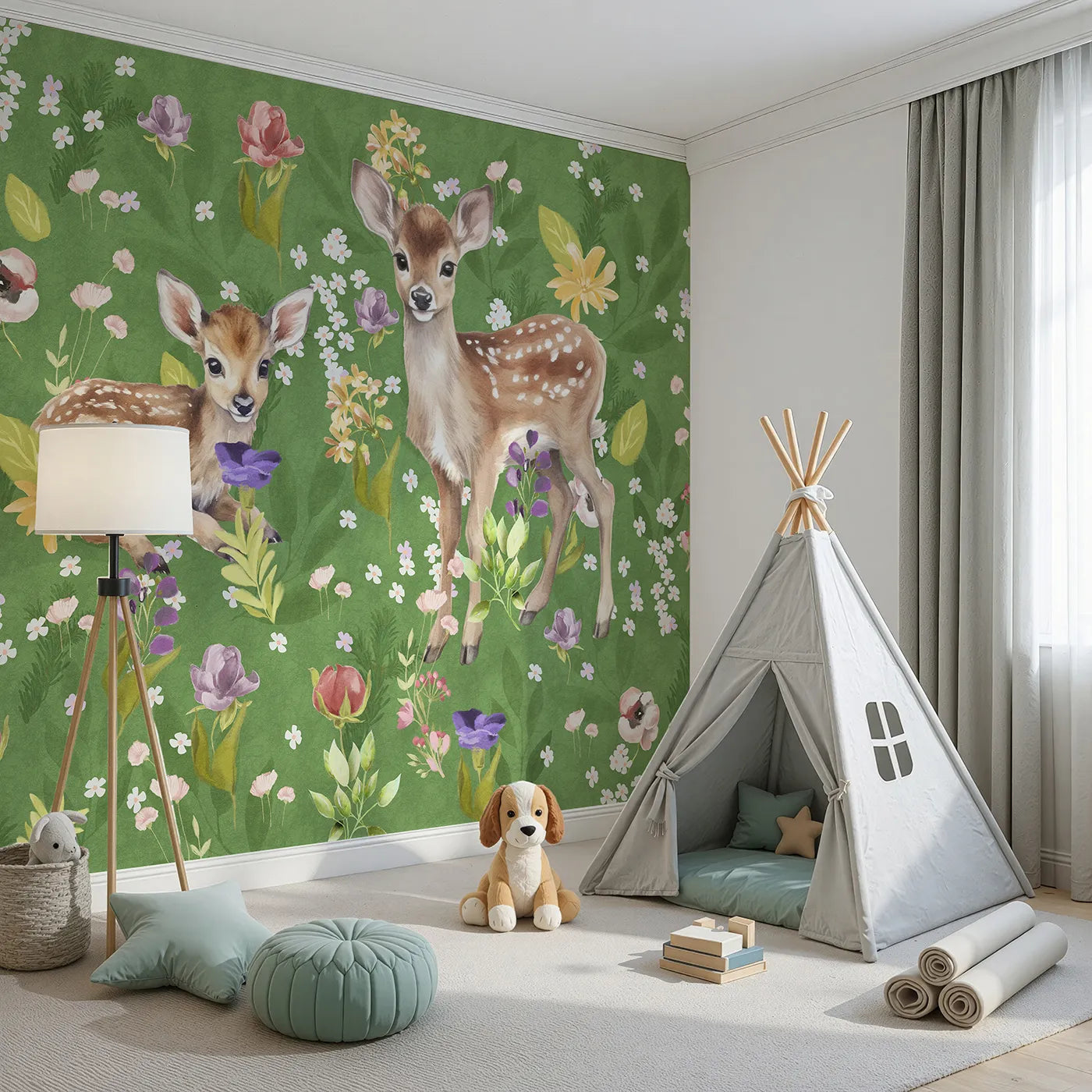 Angled view of Whimsy Tots' Fawns in the Flower Field Wall Mural (Turn Their Room into the Sweetest, Most Gentle Meadow).Gender-Neutral