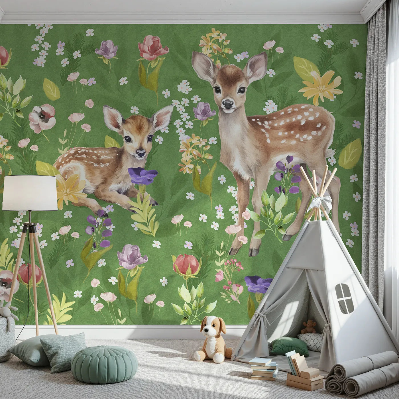Front view of Whimsy Tots' Fawns in the Flower Field Wall Mural