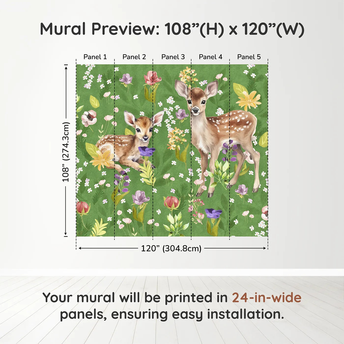 Whimsy Tots Fawns in the Flower Field Wall Muraldimension view (108" H x 120" W). Printed in five 24-inch-wide panels. Gender-Neutral