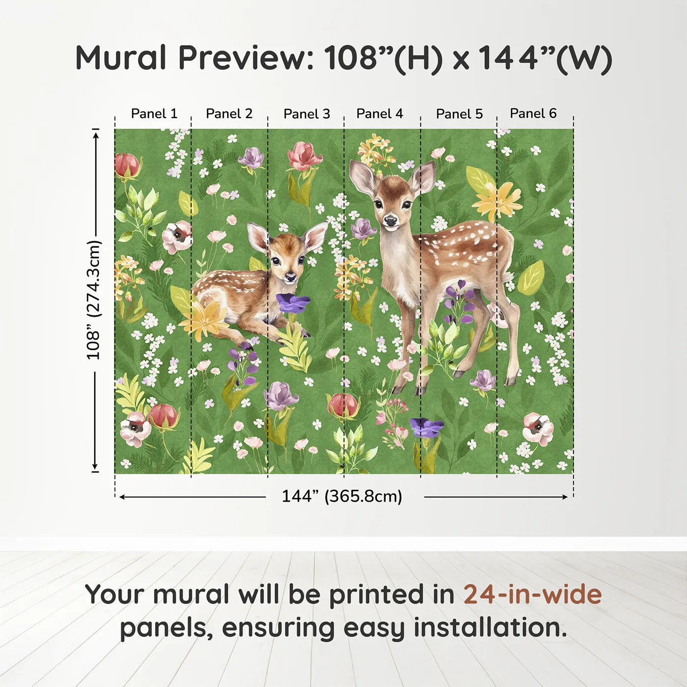 Whimsy Tots Fawns in the Flower Field Wall Muraldimension view (108" H x 144" W). Printed in six 24-inch-wide panels. Gender-Neutral