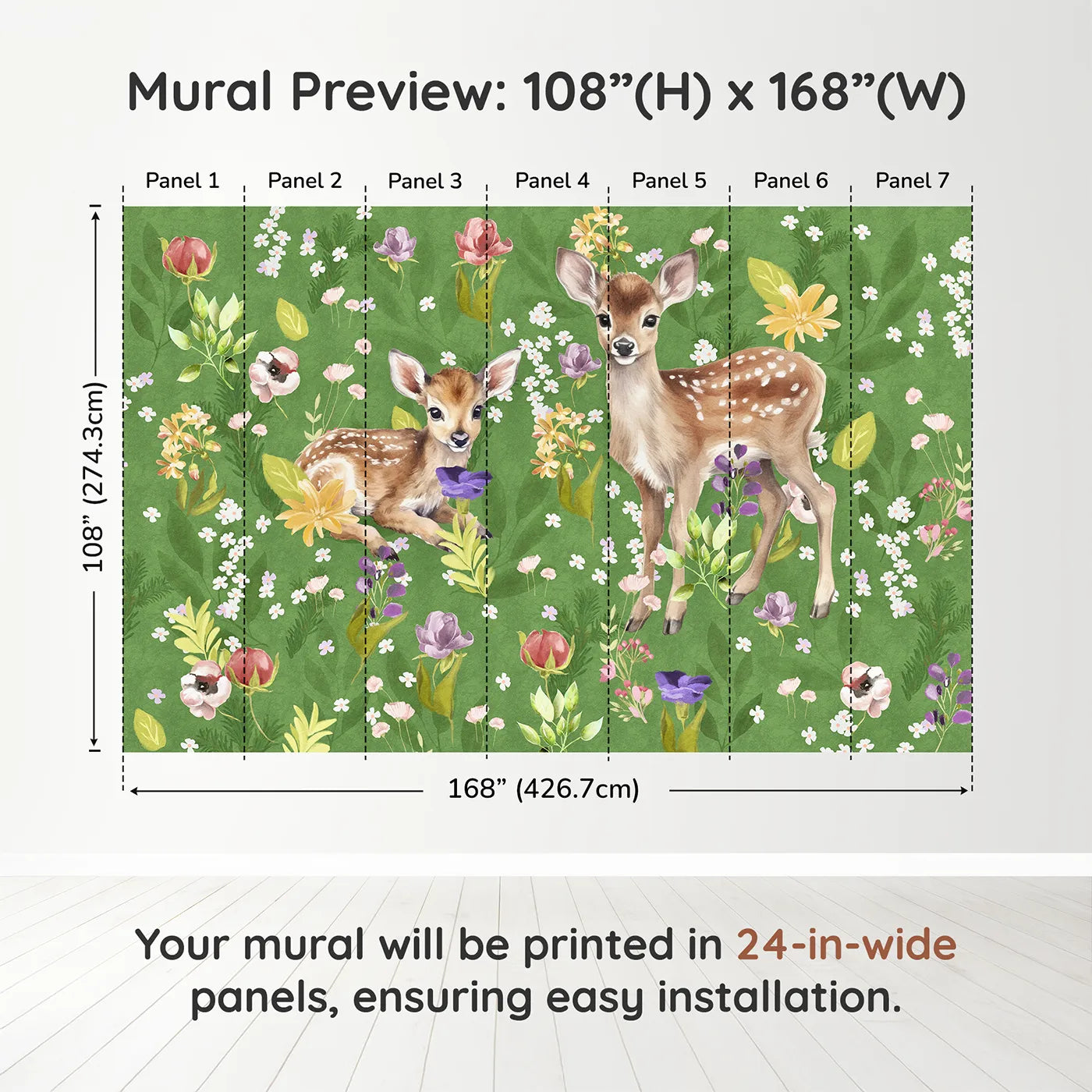 Whimsy Tots Fawns in the Flower Field Wall Muraldimension view (108" H x 168" W). Printed in seven 24-inch-wide panels. Gender-Neutral