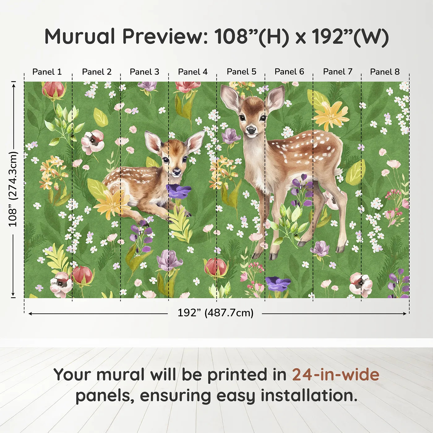 Whimsy Tots Fawns in the Flower Field Wall Muraldimension view (108" H x 192" W). Printed in eight 24-inch-wide panels. Gender-Neutral