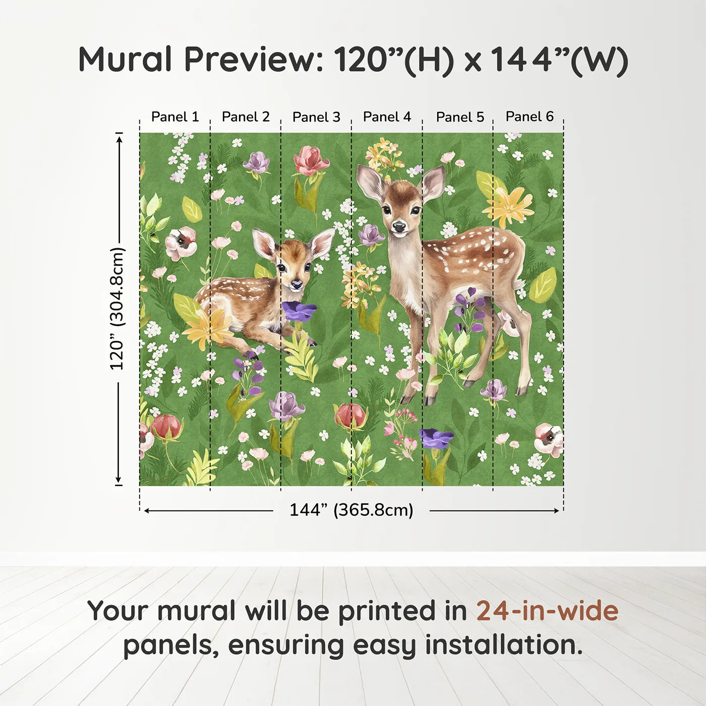 Whimsy Tots Fawns in the Flower Field Wall Muraldimension view (120" H x 144" W). Printed in six 24-inch-wide panels. Gender-Neutral