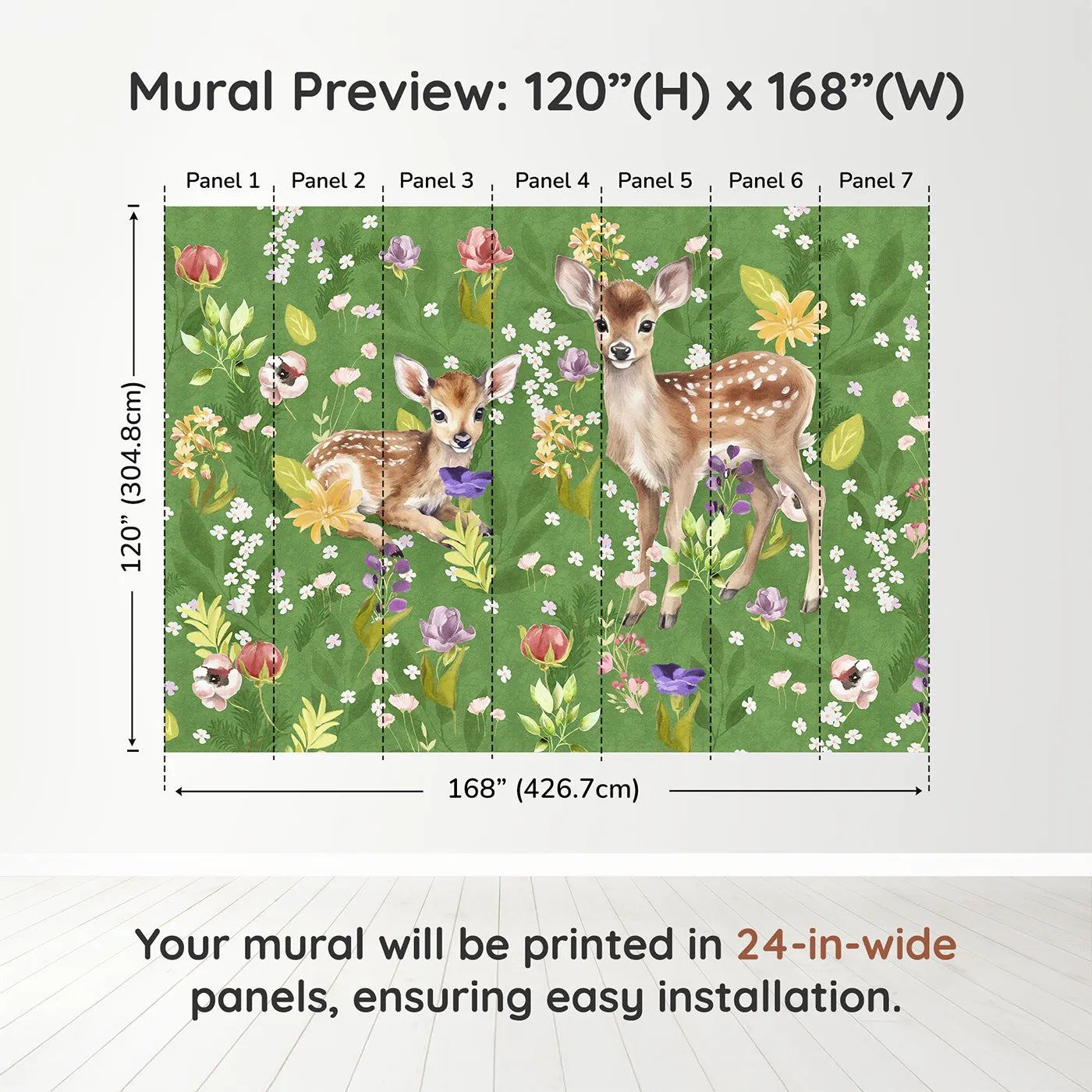 Whimsy Tots Fawns in the Flower Field Wall Muraldimension view (120" H x 168" W). Printed in seven 24-inch-wide panels. Gender-Neutral