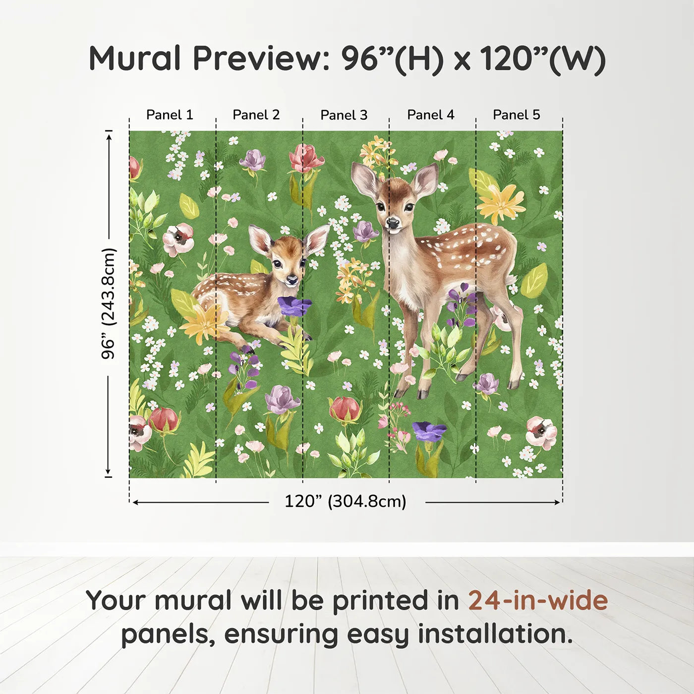 Whimsy Tots Fawns in the Flower Field Wall Muraldimension view (96" H x 120" W). Printed in five 24-inch-wide panels. Gender-Neutral