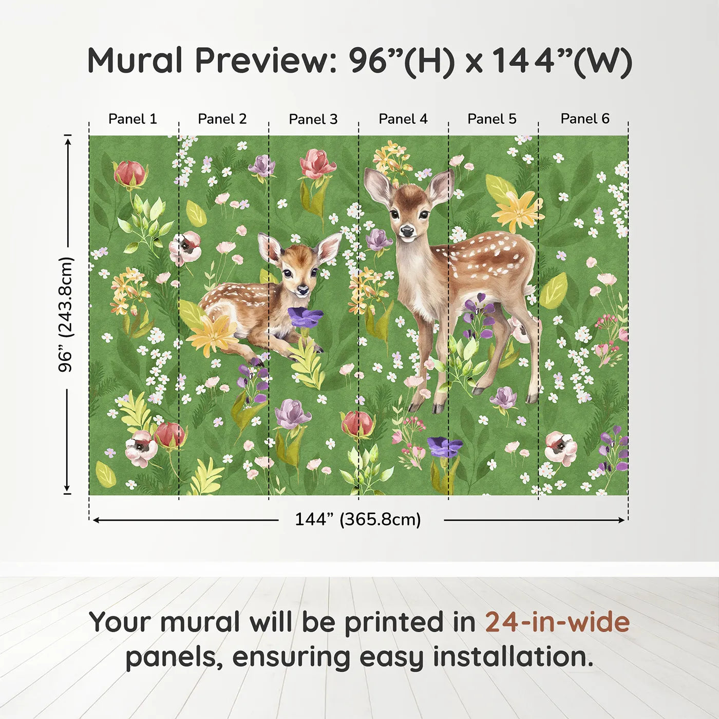 Whimsy Tots Fawns in the Flower Field Wall Muraldimension view (96" H x 144" W). Printed in six 24-inch-wide panels. Gender-Neutral