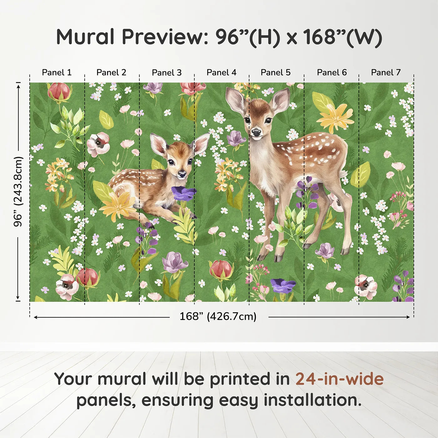 Whimsy Tots Fawns in the Flower Field Wall Muraldimension view (96" H x 168" W). Printed in seven 24-inch-wide panels. Gender-Neutral