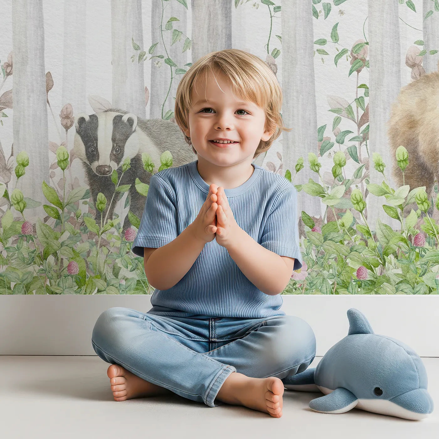 Child in front of Whimsy Tots Blossom Forest Friends Wall Mural with woodland, animal, forest, blossom, pink, bear, deer, fox in design.