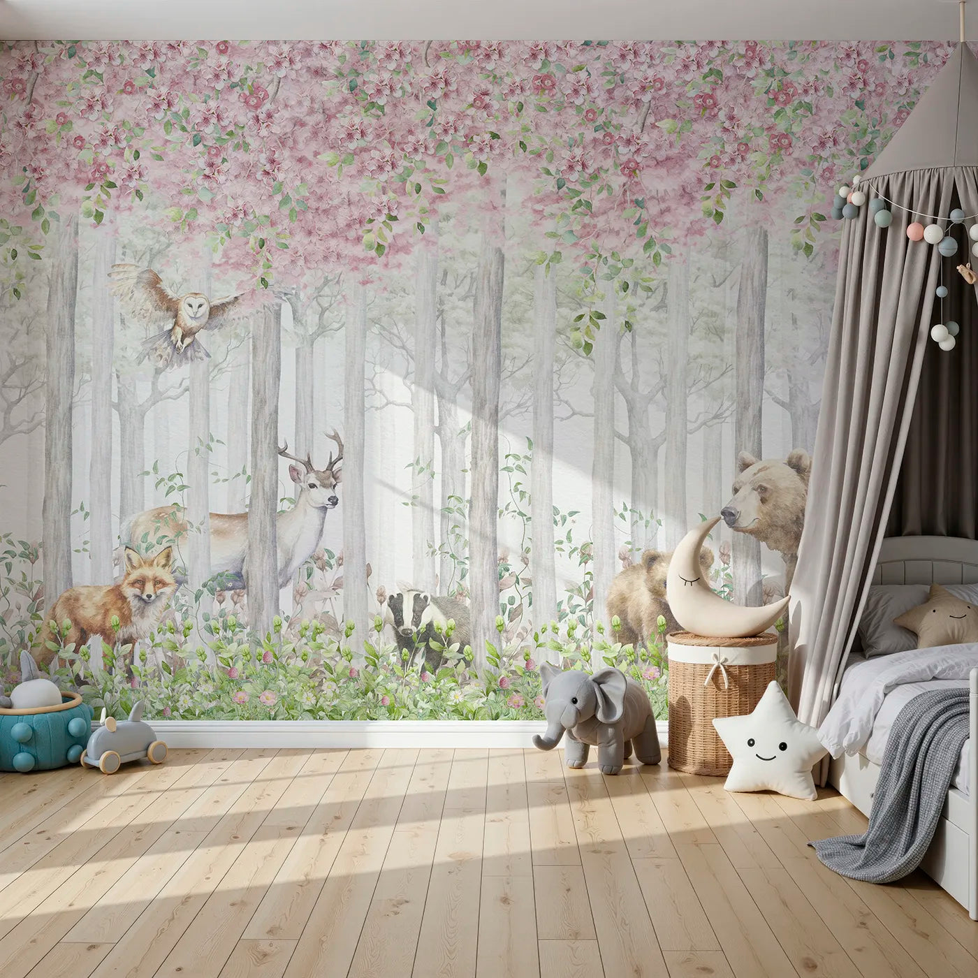 Front view of Whimsy Tots' Blossom Forest Friends Wall Mural
