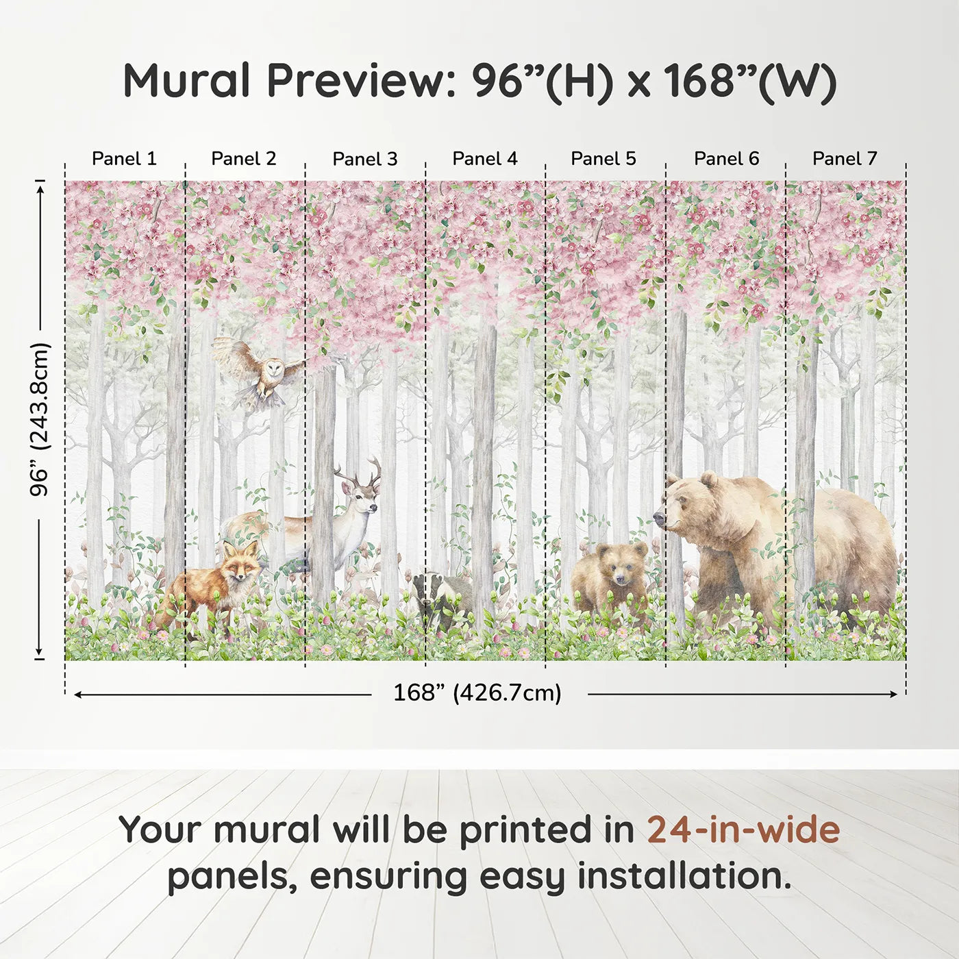 Whimsy Tots Blossom Forest Friends Wall Muraldimension view (96" H x 168" W). Printed in seven 24-inch-wide panels. Gender-Neutral