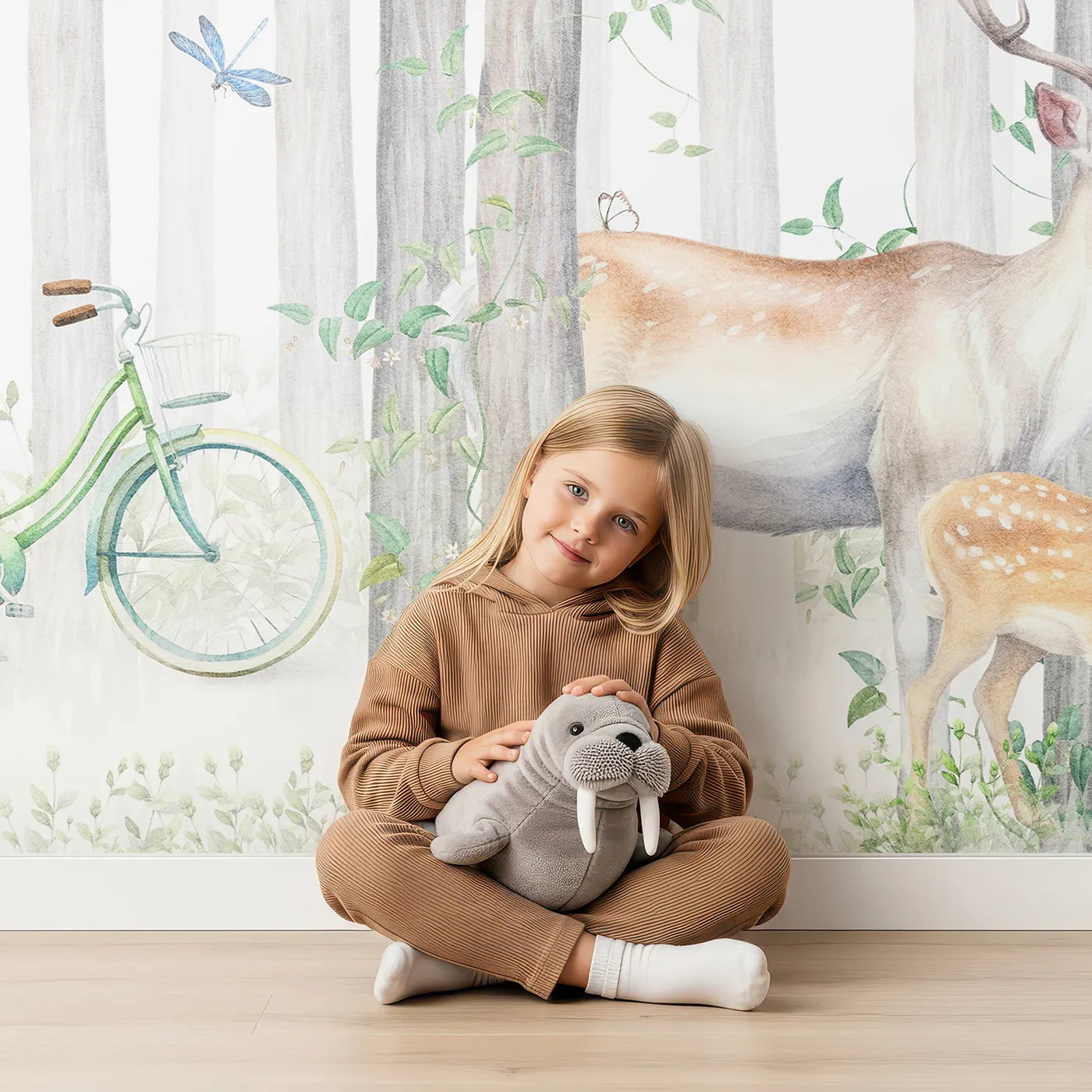 Child in front of Whimsy Tots Summer Woods Wall Mural with woodland, animal, forest, green, deer, fox, realistic, bicycle in design.