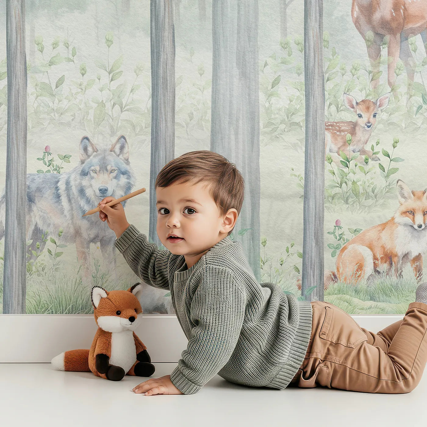 Child in front of Whimsy Tots Misty Woodland Wall Mural with woodland, animal, forest, mist, gray, deer, fox, realistic in design.