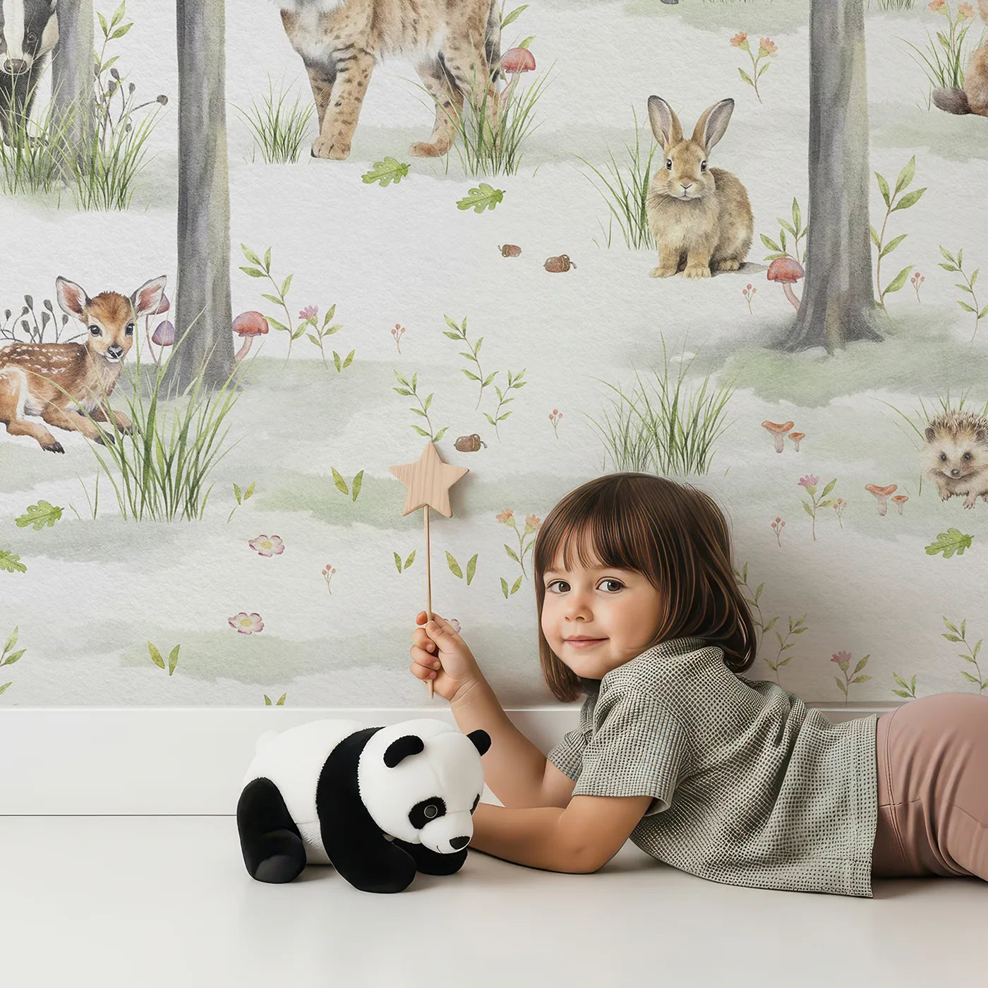 Child in front of Whimsy Tots Woodland Gathering Wall Mural with woodland, animal, forest, green, bear, deer, fox, realistic in design.