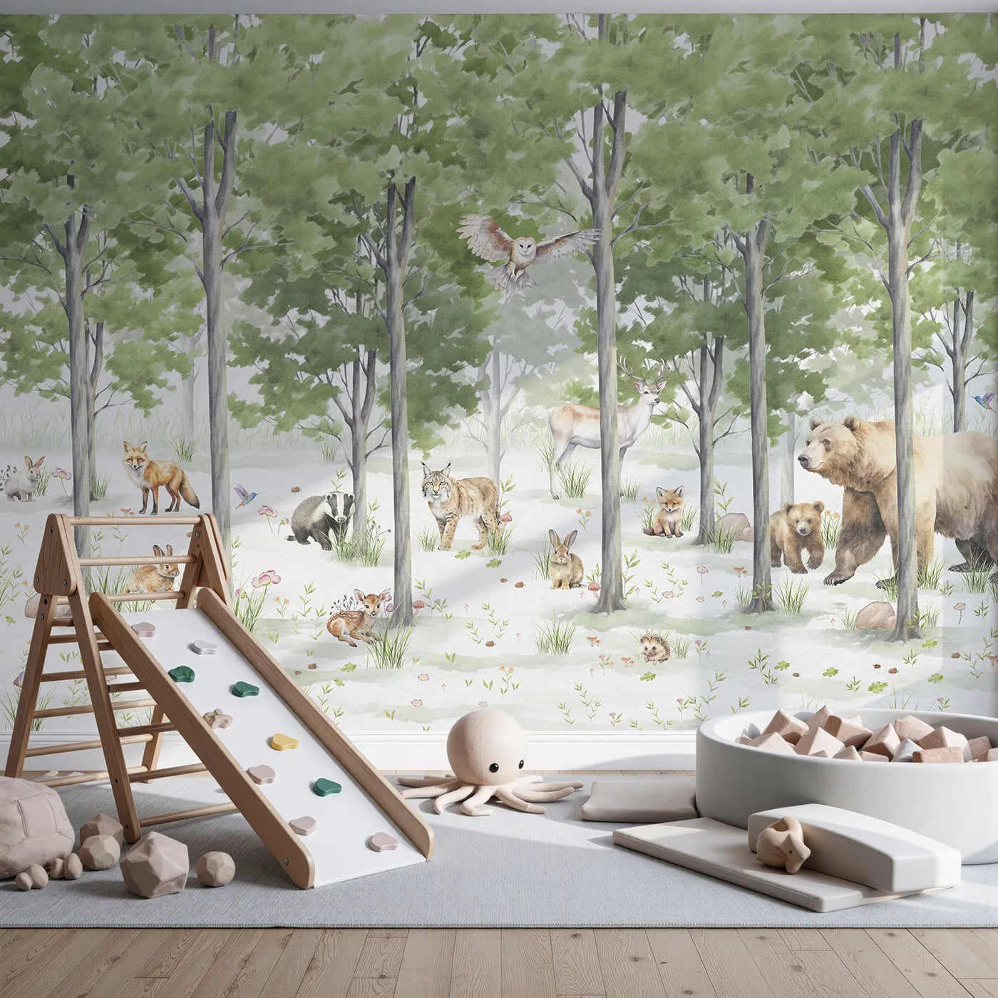 Front view of Whimsy Tots' Woodland Gathering Wall Mural