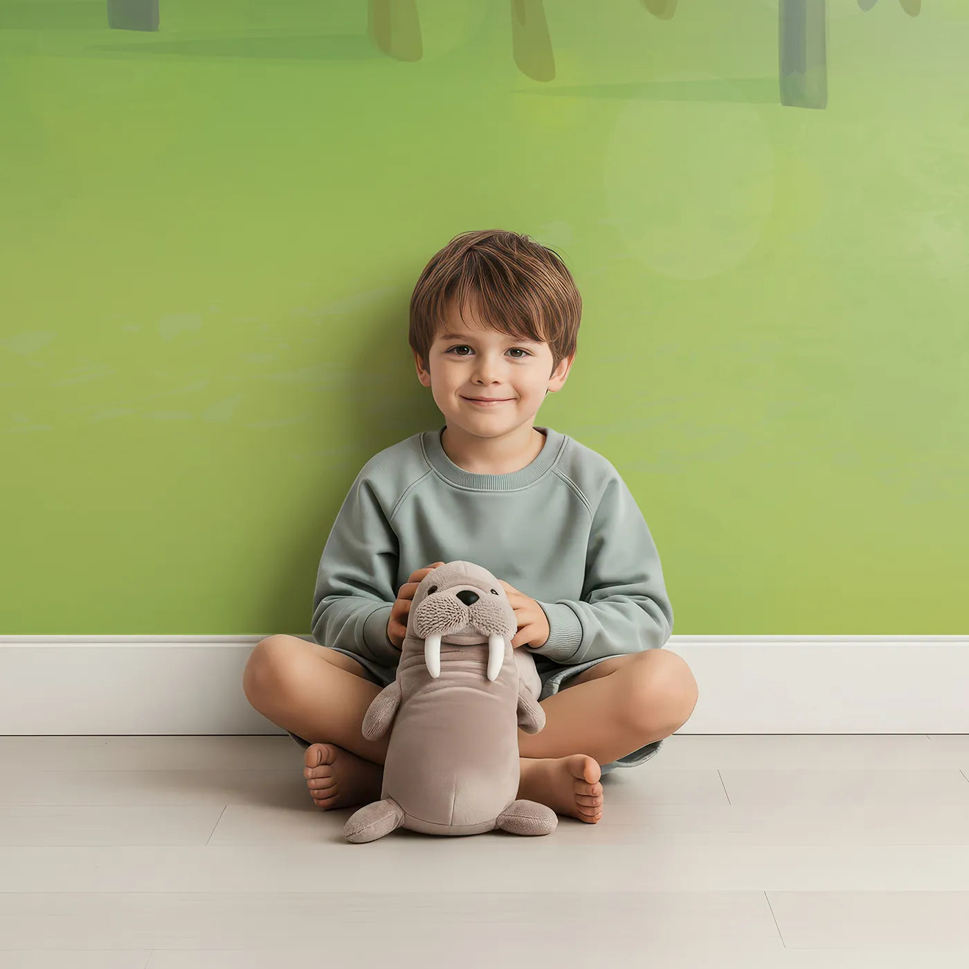 Child in front of Whimsy Tots Sunlit Spring Forest Wall Mural with forest, green, sun, light, tree, spring, woods, nature in design.