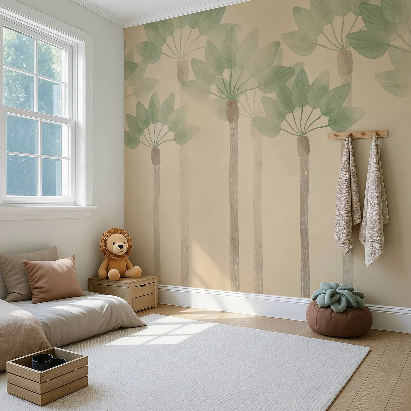 Angled view of Whimsy Tots' Minimalist Palm Grove Wall Mural (Turn Their Room into a Chic and Gentle Tropical Escape).Gender-Neutral
