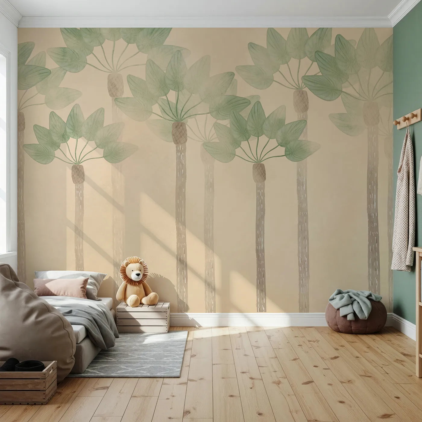 Front view of Whimsy Tots' Minimalist Palm Grove Wall Mural