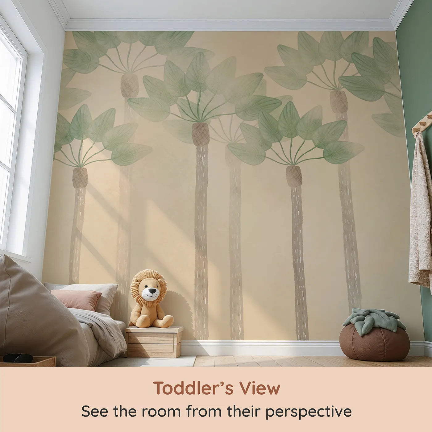 Whimsy Tots Minimalist Palm Grove Wall Mural (Turn Their Room into a Chic and Gentle Tropical Escape) from your child's view.Gender-Neutral