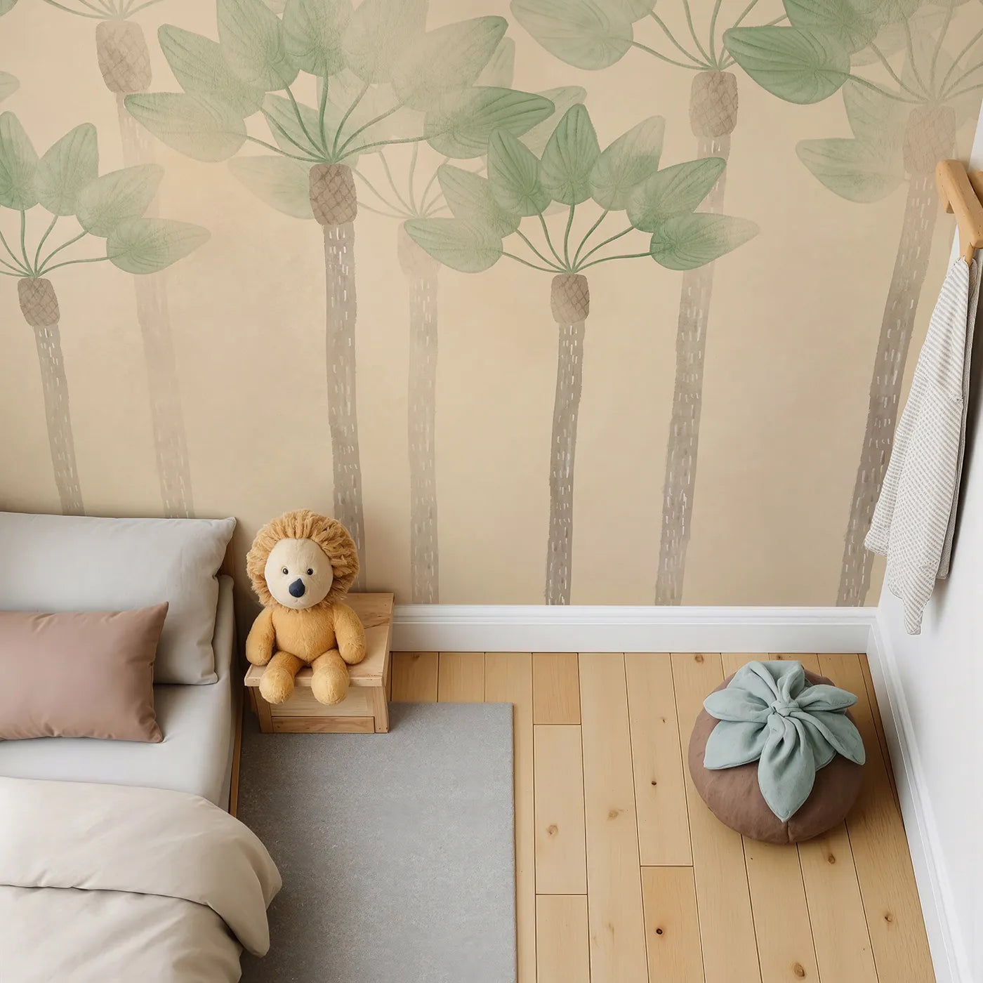 Top-down view of Whimsy Tots' Minimalist Palm Grove Wall Mural (Turn Their Room into a Chic and Gentle Tropical Escape).Gender-Neutral