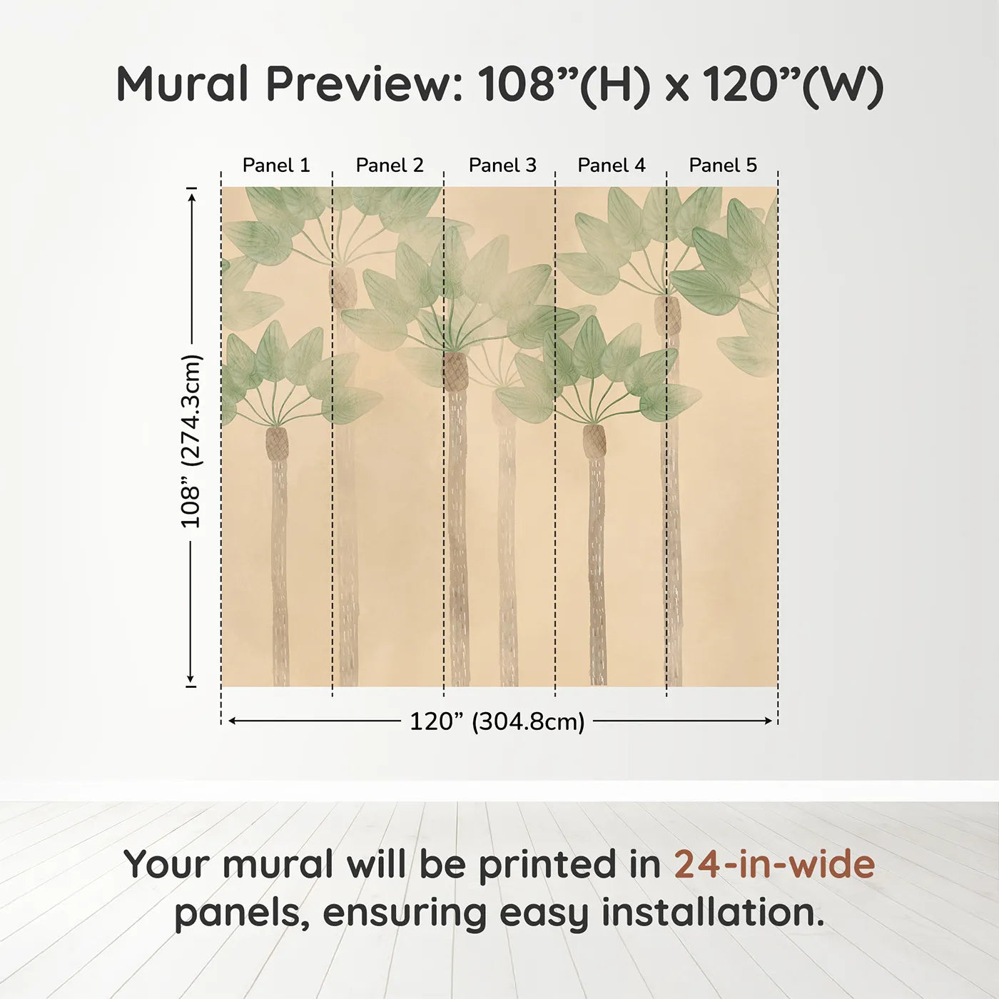 Whimsy Tots Minimalist Palm Grove Wall Muraldimension view (108" H x 120" W). Printed in five 24-inch-wide panels. Gender-Neutral