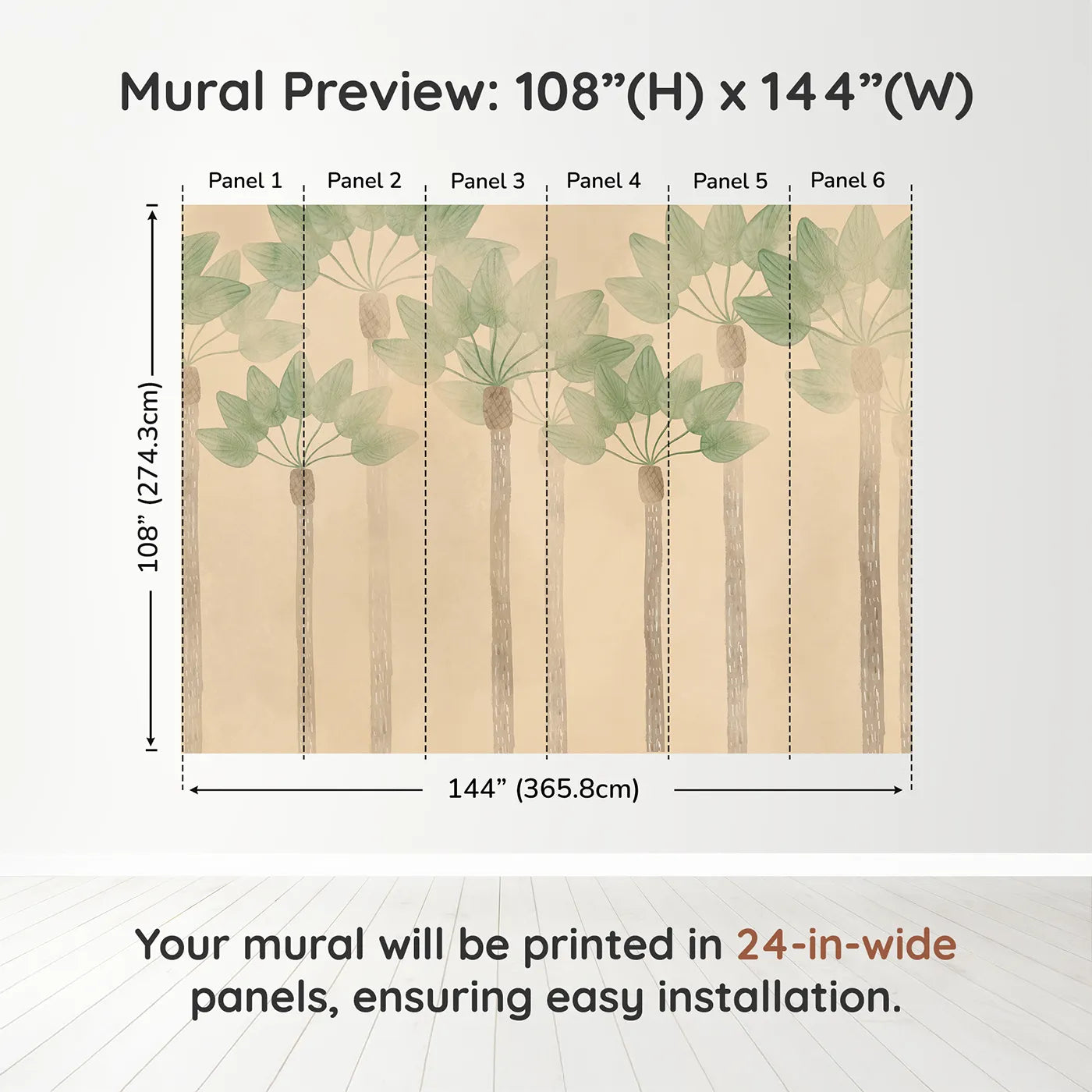 Whimsy Tots Minimalist Palm Grove Wall Muraldimension view (108" H x 144" W). Printed in six 24-inch-wide panels. Gender-Neutral