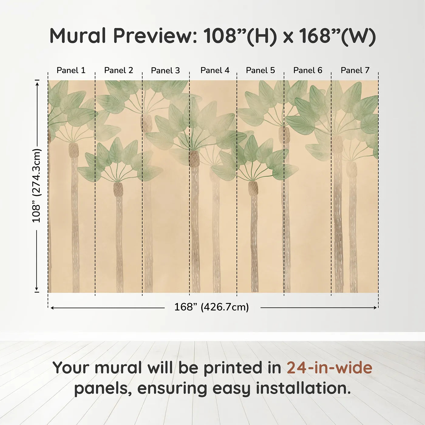 Whimsy Tots Minimalist Palm Grove Wall Muraldimension view (108" H x 168" W). Printed in seven 24-inch-wide panels. Gender-Neutral