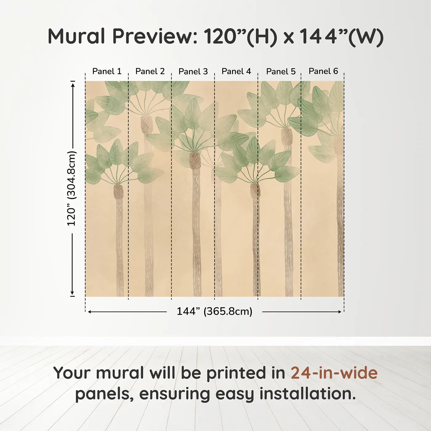 Whimsy Tots Minimalist Palm Grove Wall Muraldimension view (120" H x 144" W). Printed in six 24-inch-wide panels. Gender-Neutral