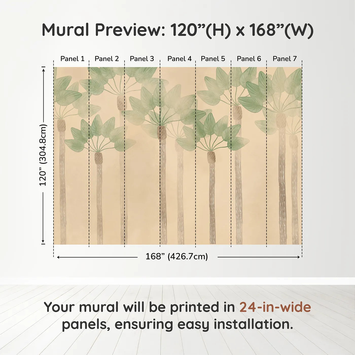 Whimsy Tots Minimalist Palm Grove Wall Muraldimension view (120" H x 168" W). Printed in seven 24-inch-wide panels. Gender-Neutral