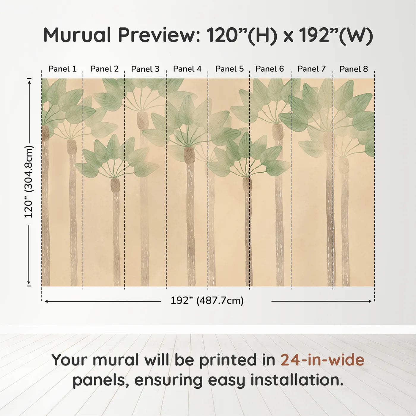 Whimsy Tots Minimalist Palm Grove Wall Muraldimension view (120" H x 192" W). Printed in eight 24-inch-wide panels. Gender-Neutral