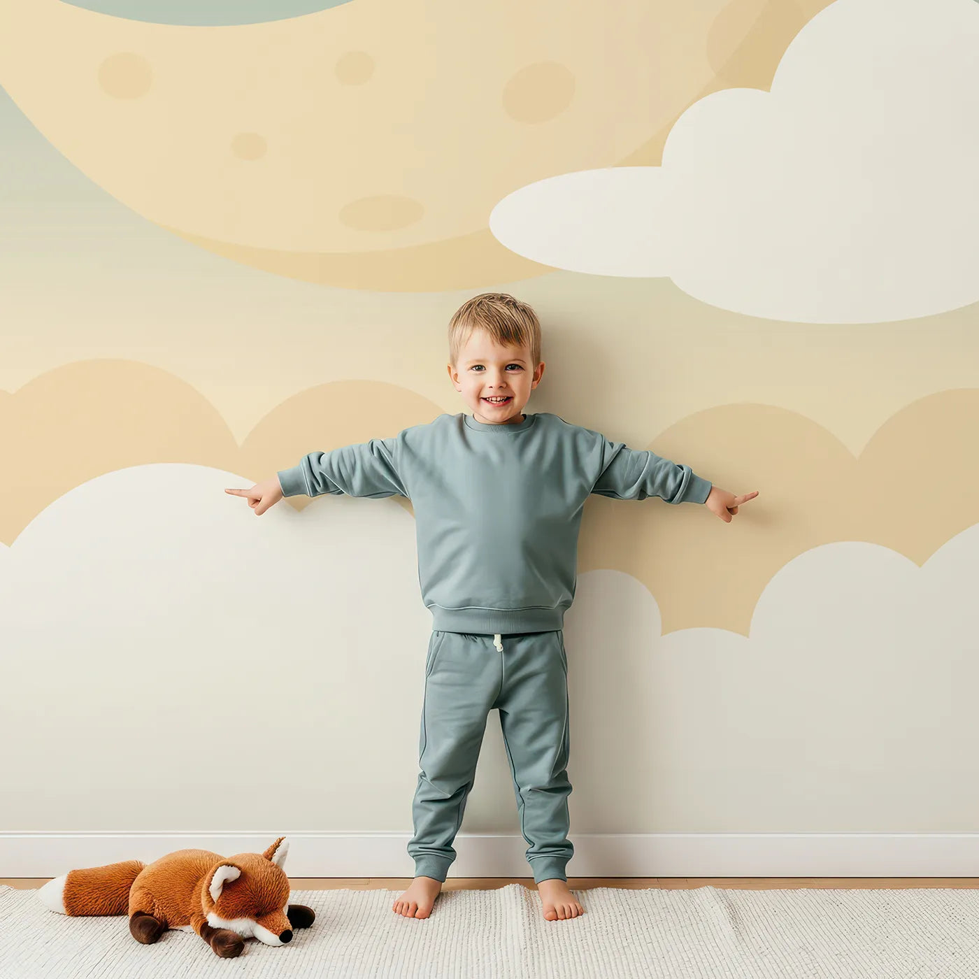 Child in front of Whimsy Tots Night Sky Wall Mural with moon, star, sky, cloud, night, cute, simple, beige in design.