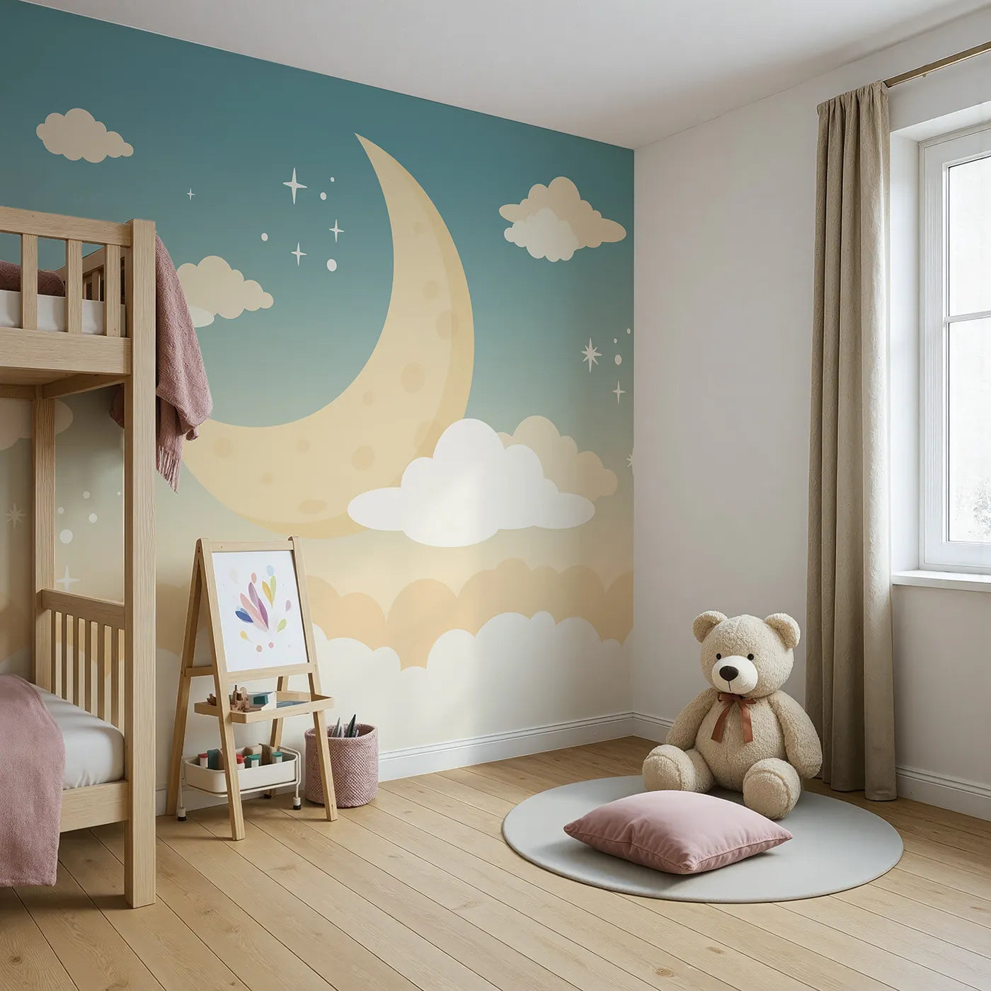 Angled view of Whimsy Tots' Night Sky Wall Mural (Turn Their Room into a Gentle, Starry Dreamscape).Gender-Neutral