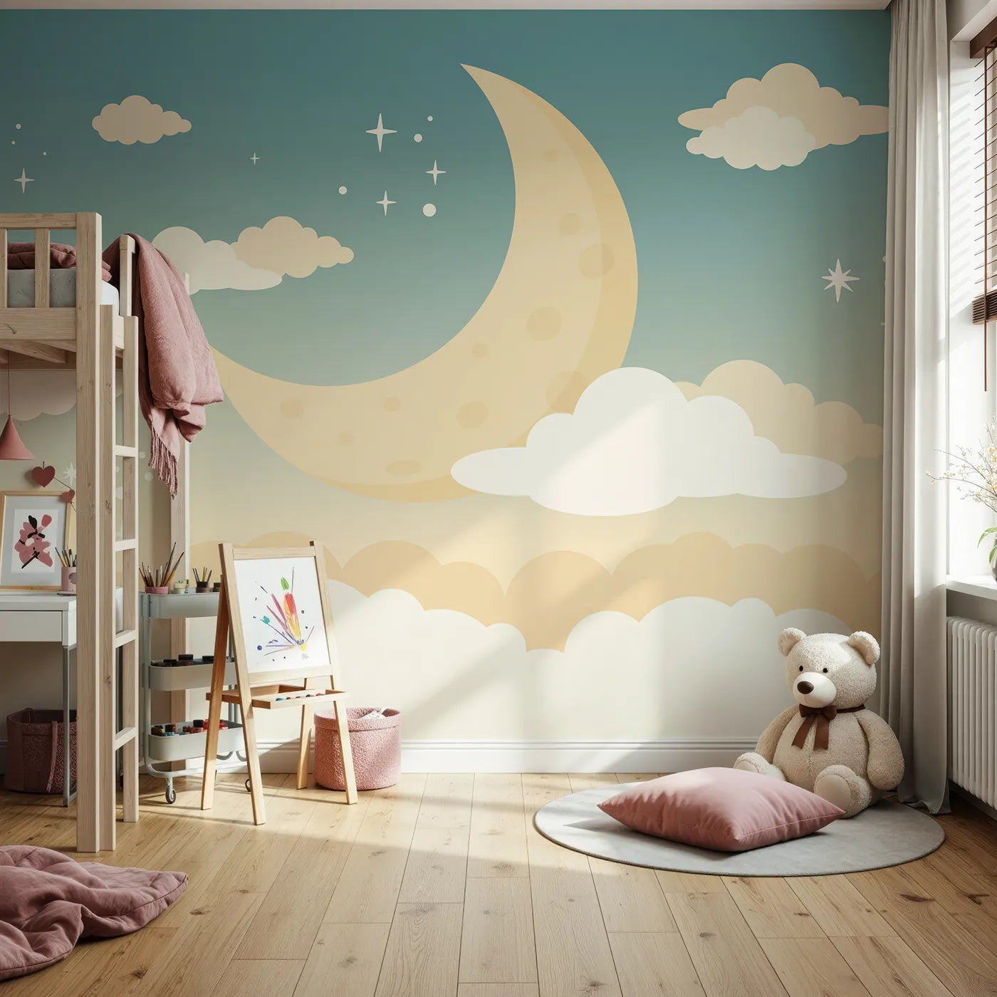 Front view of Whimsy Tots' Night Sky Wall Mural