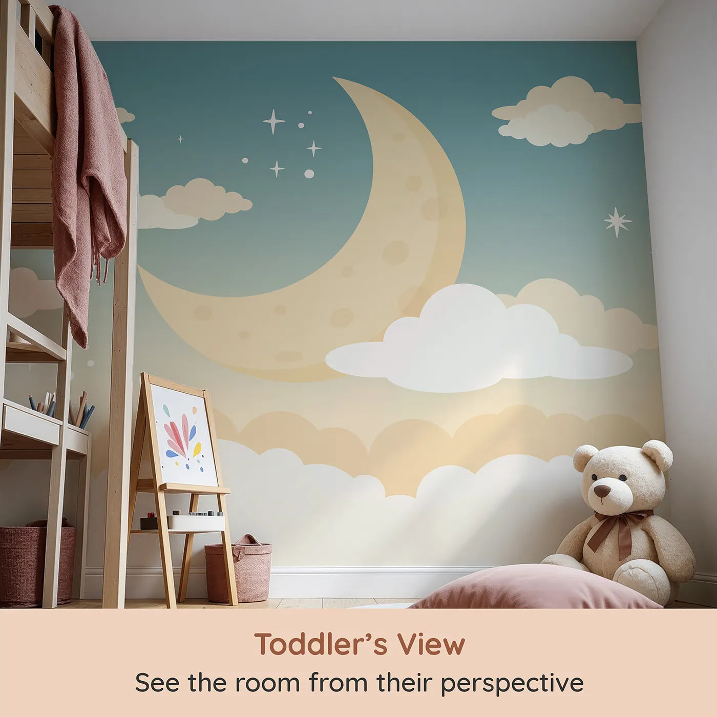 Whimsy Tots Night Sky Wall Mural (Turn Their Room into a Gentle, Starry Dreamscape) from your child's view.Gender-Neutral