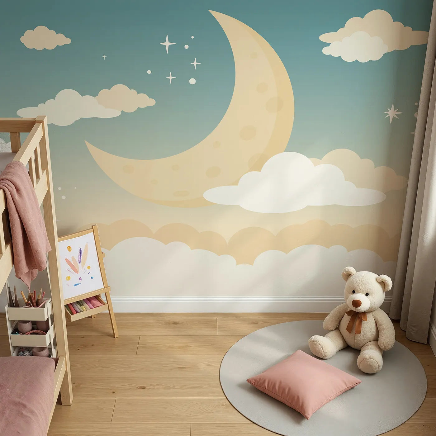 Top-down view of Whimsy Tots' Night Sky Wall Mural (Turn Their Room into a Gentle, Starry Dreamscape).Gender-Neutral