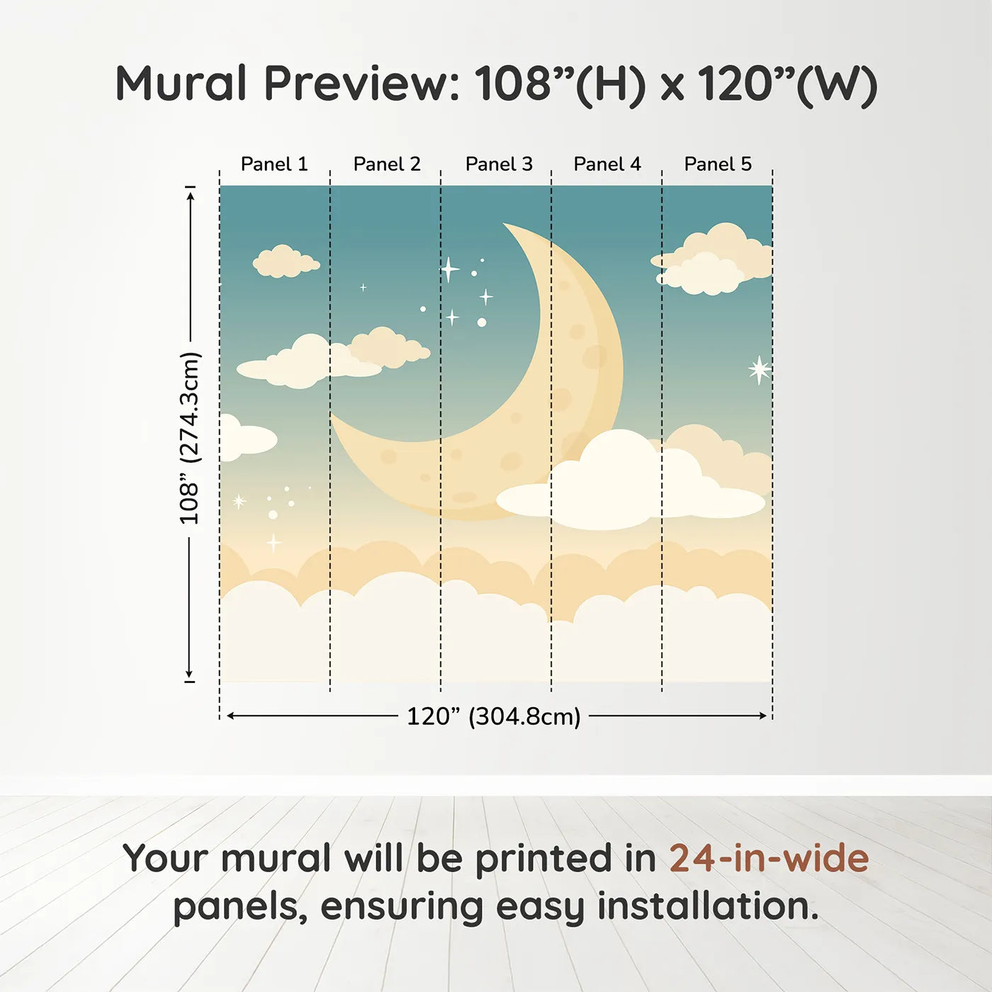 Whimsy Tots Night Sky Wall Muraldimension view (108" H x 120" W). Printed in five 24-inch-wide panels. Gender-Neutral