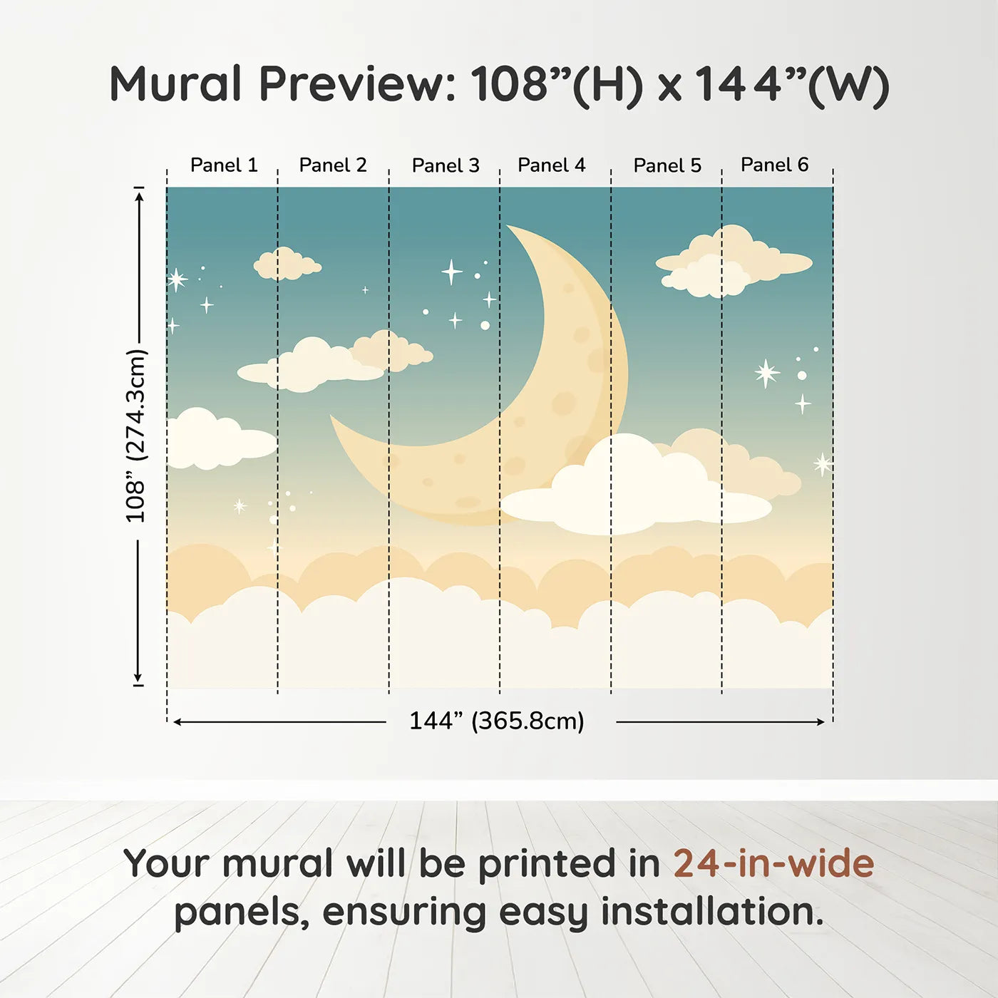 Whimsy Tots Night Sky Wall Muraldimension view (108" H x 144" W). Printed in six 24-inch-wide panels. Gender-Neutral